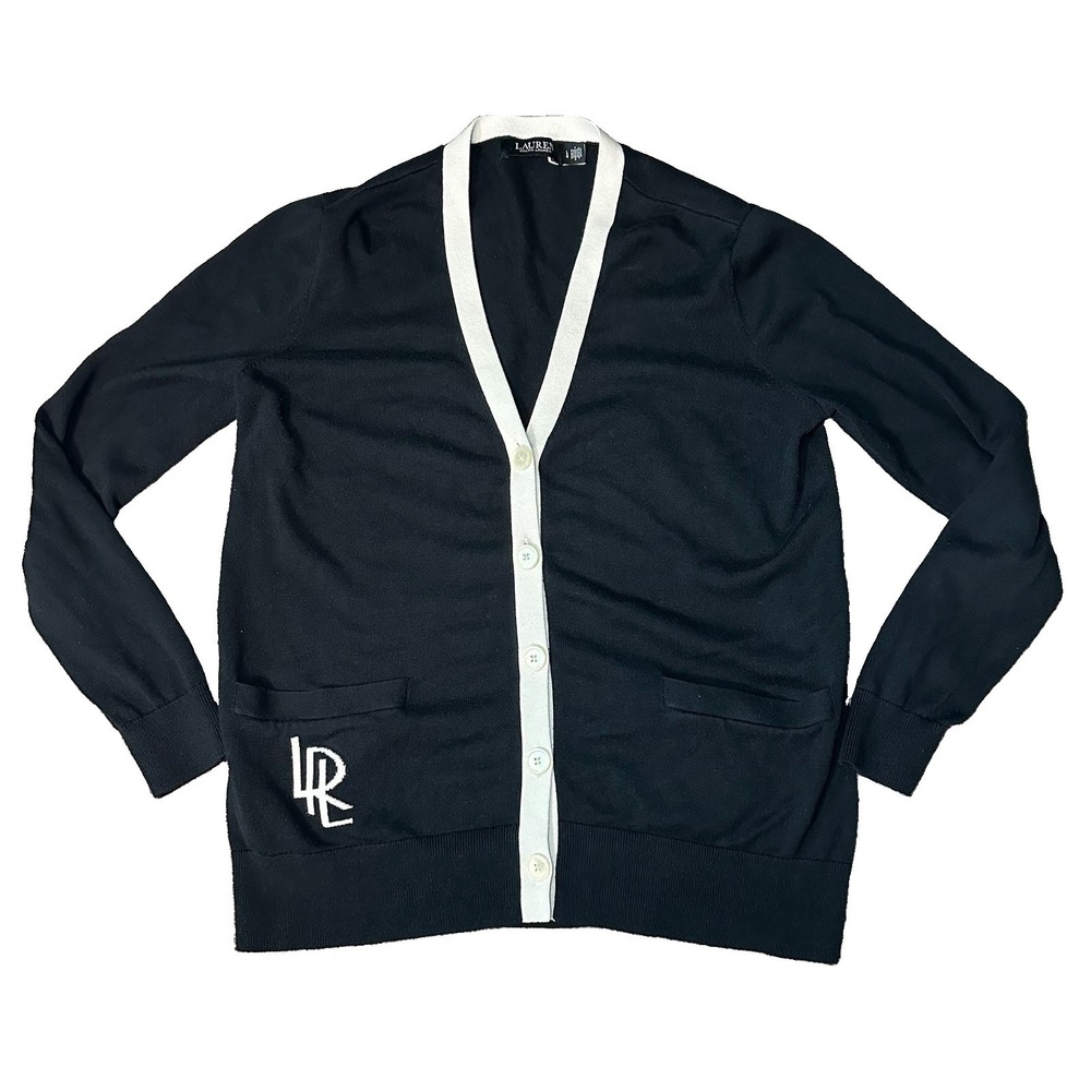 Lauren Ralph Lauren Women LARGE Two Tone Black Cream Cardigan Varsity Sweater